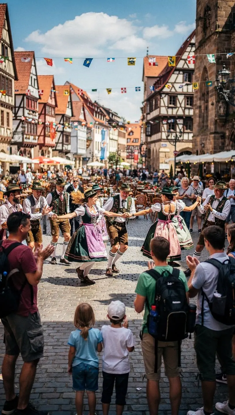 Ein malerischer Blick auf eine historische Altstadt mit Fachwerkhäusern und gepflasterten Straßen.
